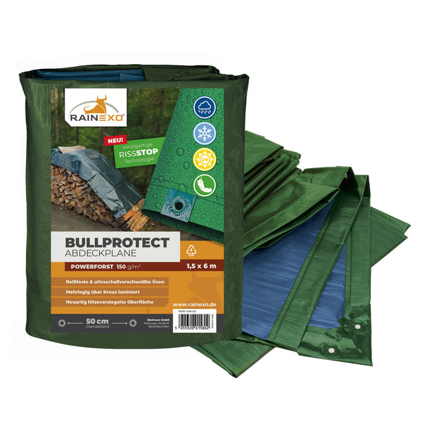 Rainexo Holzabdeckplane Powerforst 150 g/m² in Grün/Blau, 1,5 x 6 m