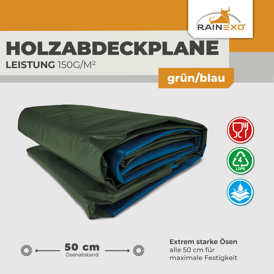 Holzabdeckplane in Grün/Blau 150g/m² 1,5x12m "Powerforst"