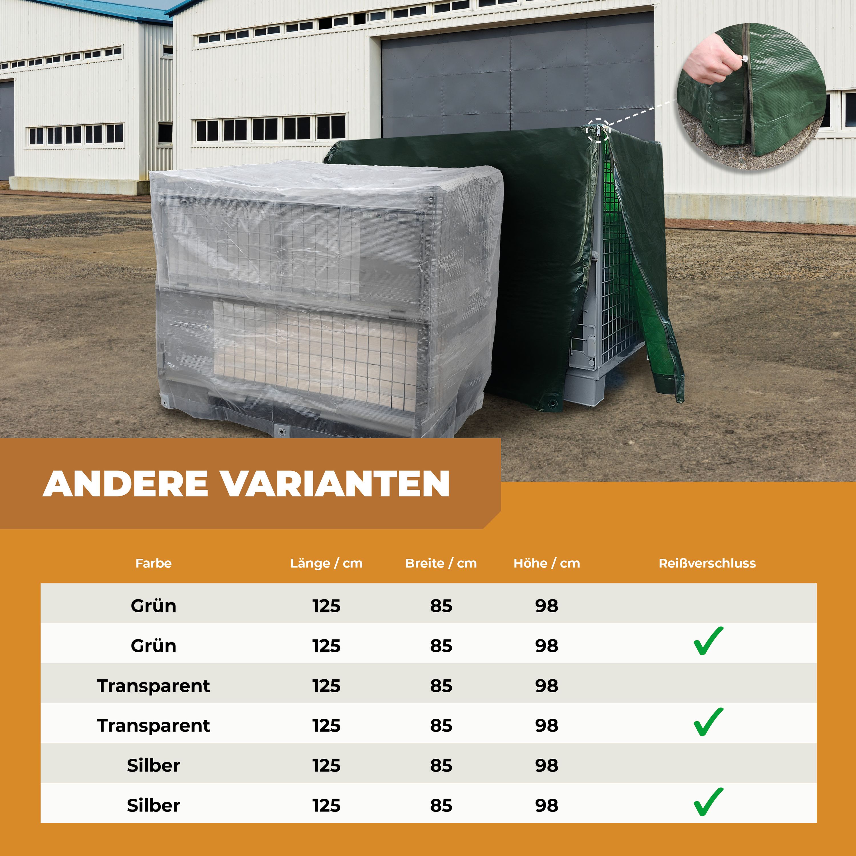 Abdeckhaube für Gitterbox Silber 120g/m² 125x85x98cm